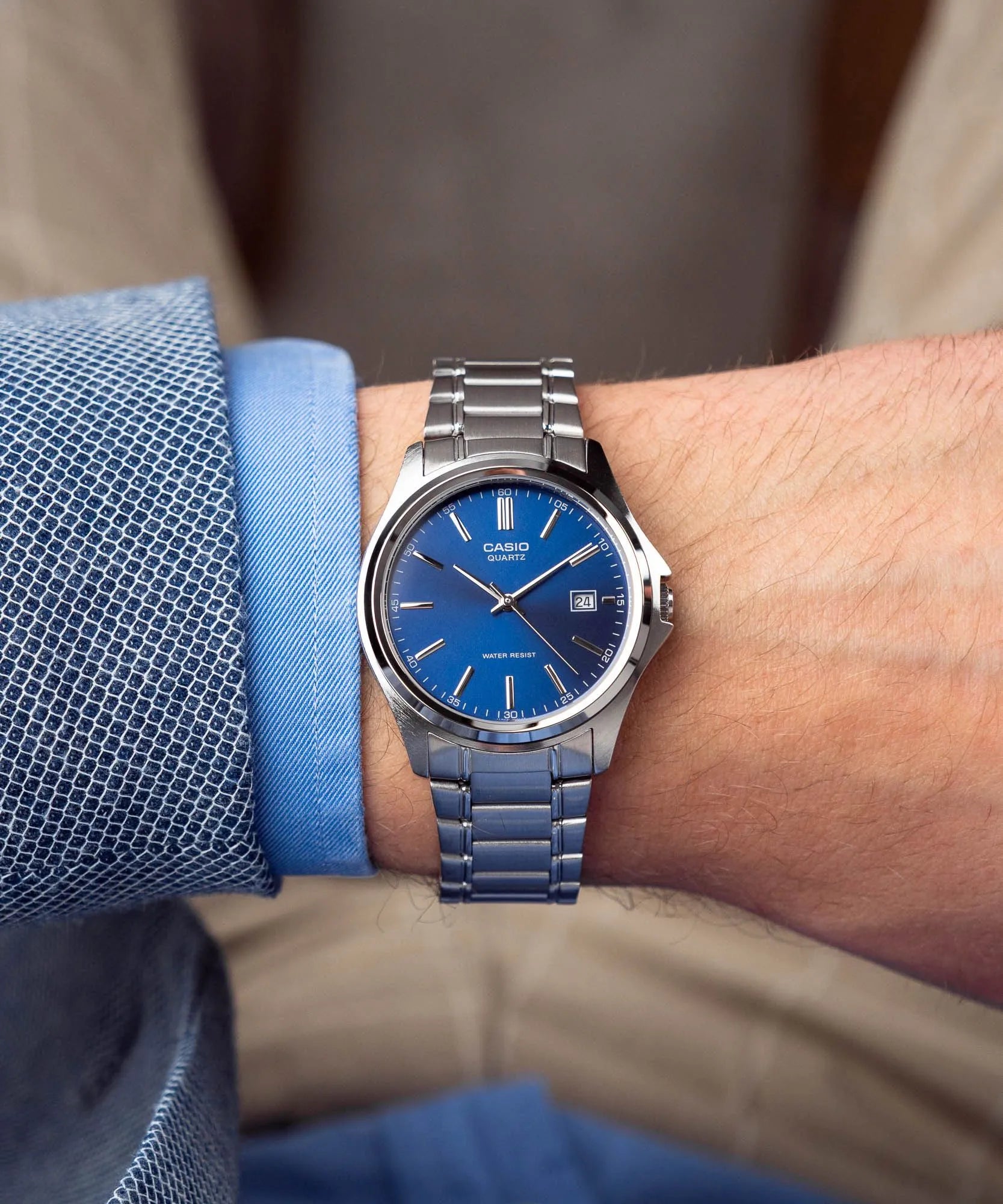 Casio MTP-1183A-2ADF Men’s Casual Watch – Silver Stainless Steel with Blue Dial 37mm Analog Quartz